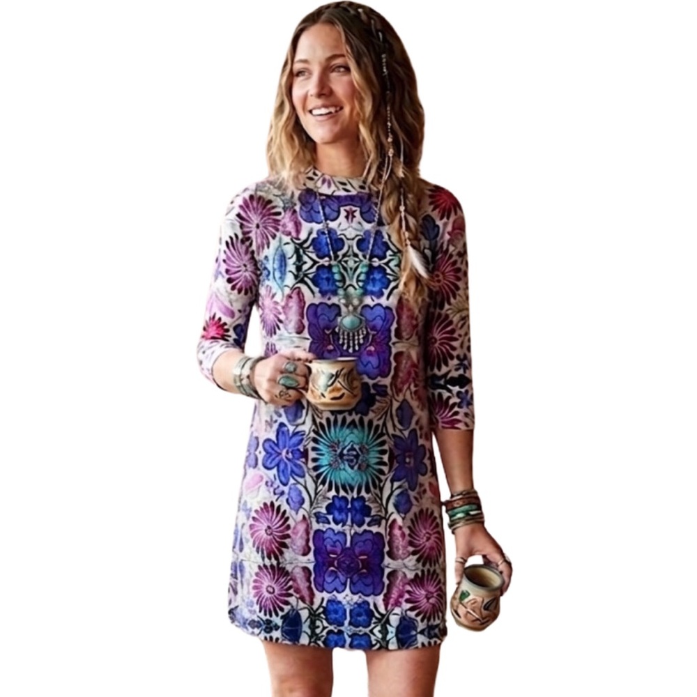 Free People Boho Purple Blue Mini Shift Dress 3/4 Sleeves Size Small